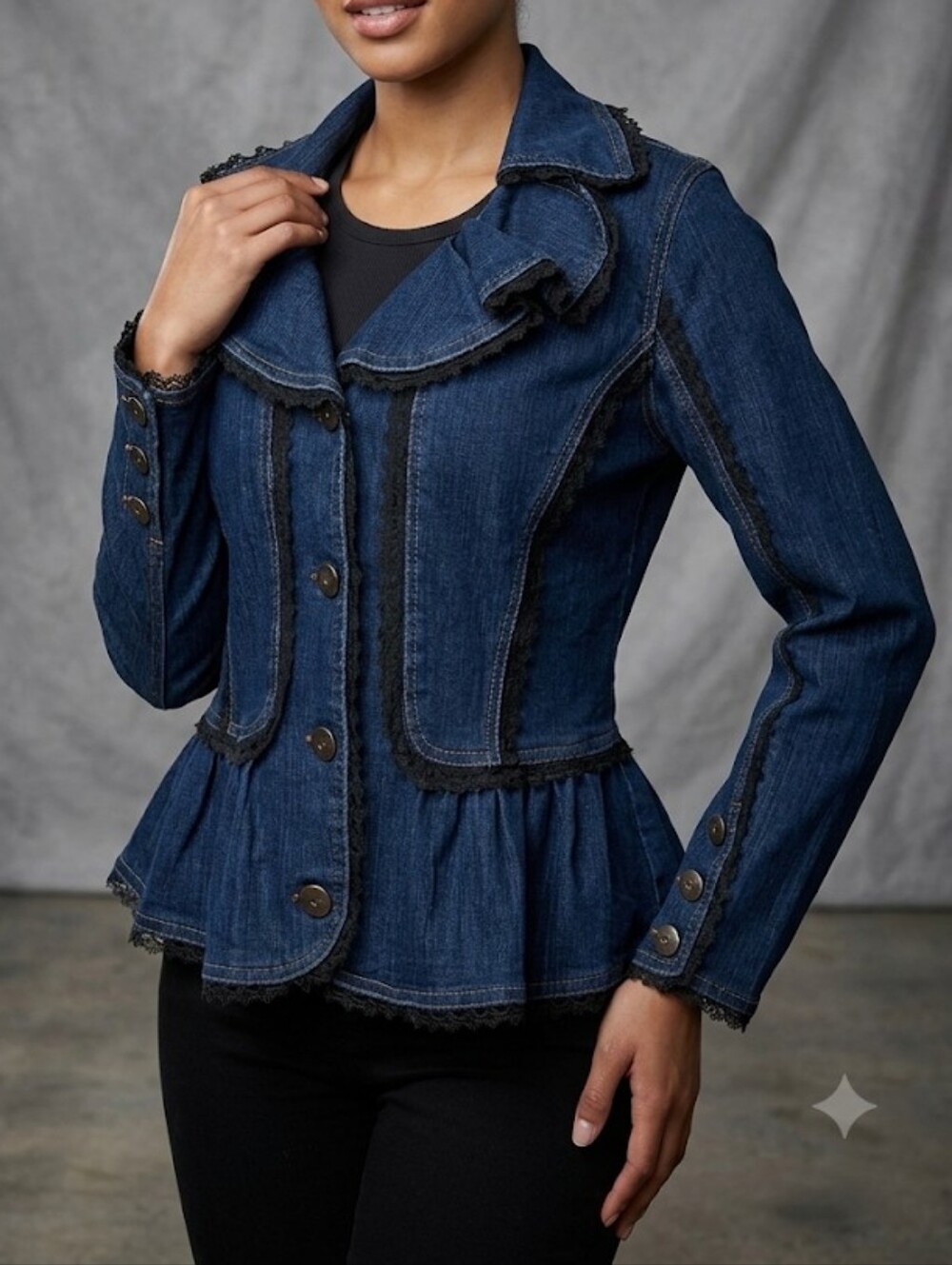 The Pyramid Collection Blue Denim Jacket with Black Lace Trim Gothic Size S